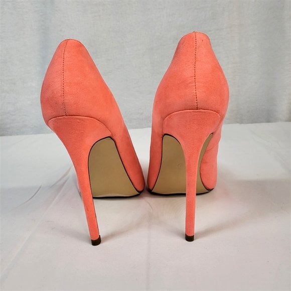 Liliana Neon Coral Faux Suede Single Sole Pointy Toe Pump 5" Heel Shoe - Picture 4 of 9